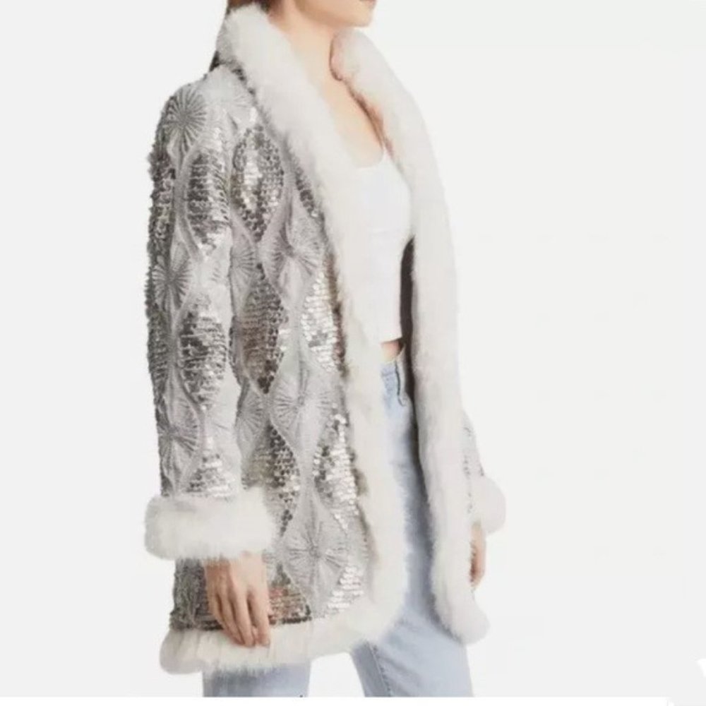 NWT Band Of The Free Boho Faux Fur Sequin Jacket Silver/Gray - Size Small